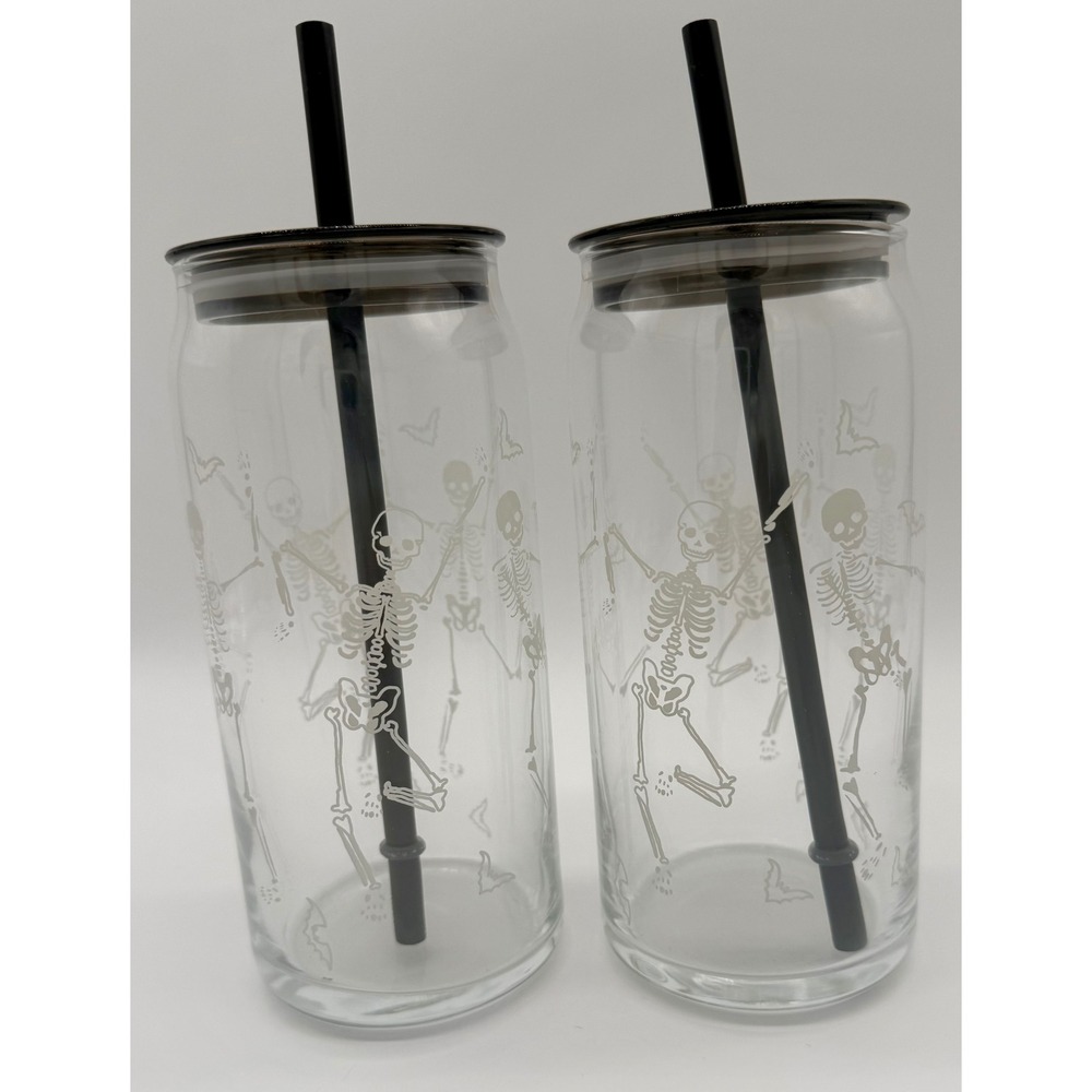 Way to Celebrate Halloween 2PK Dancing Skeleton Glass Can Tumblers Lids Straws